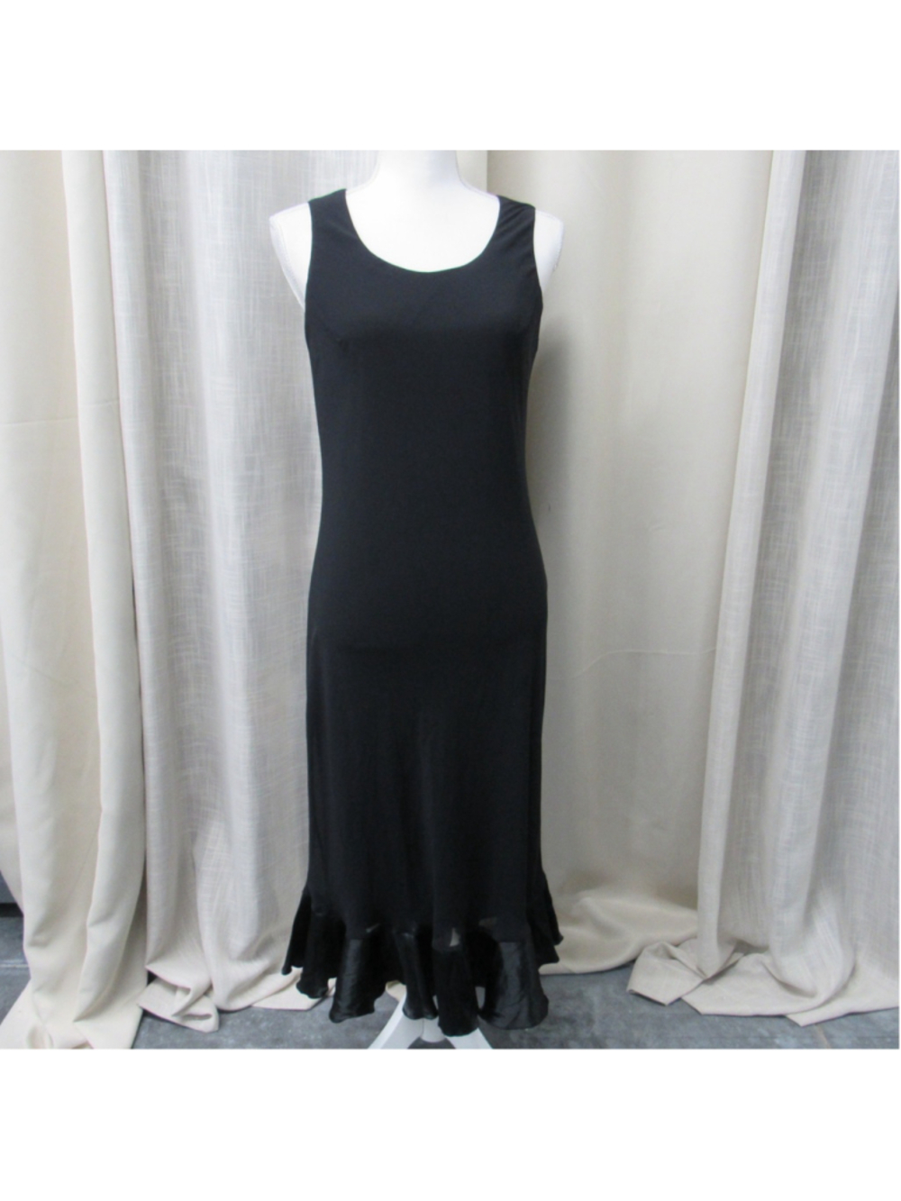 Sangria Black Ruffle Hem Maxi Dress Size 6 Satin Trim Sleeveless Whimsigoth Y2K